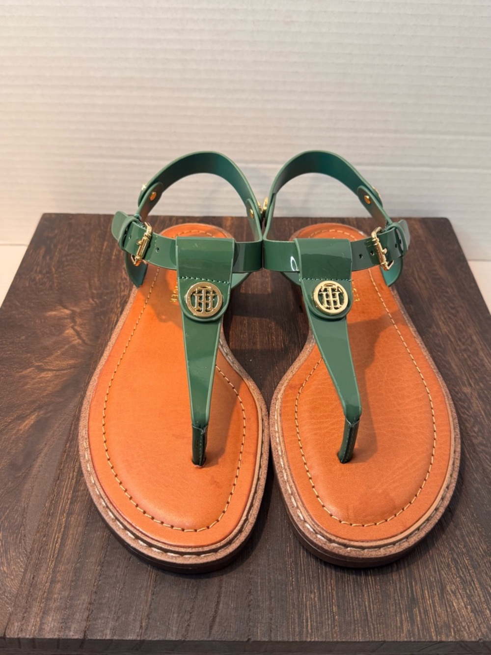 Tommy Hilfiger Green Patent T-Strap Sandals with Gold Logo